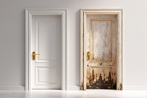 One door shows signs of fire damage while the adjacent door remains untouched,, a Photo by AlyaAnd