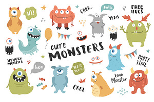 Cute monsters collection. Vector set