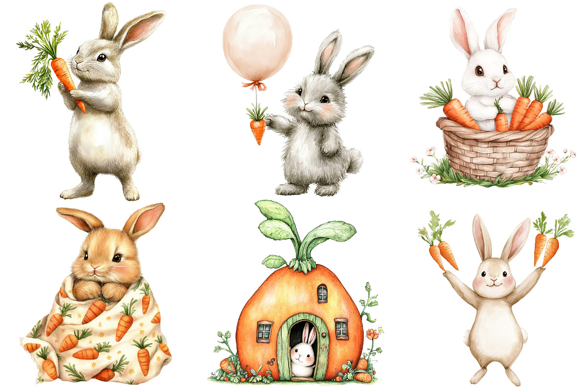 Hand-Painted Bunny with Carrots, a Seasonal Illustration by DreamArtGraphic (Photo 2 of 4)