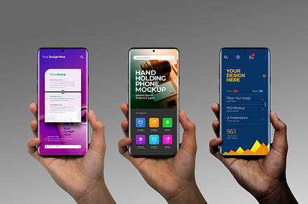 Hand Holding Phone Mockup Set, an Android Mockup by Avelina Studio