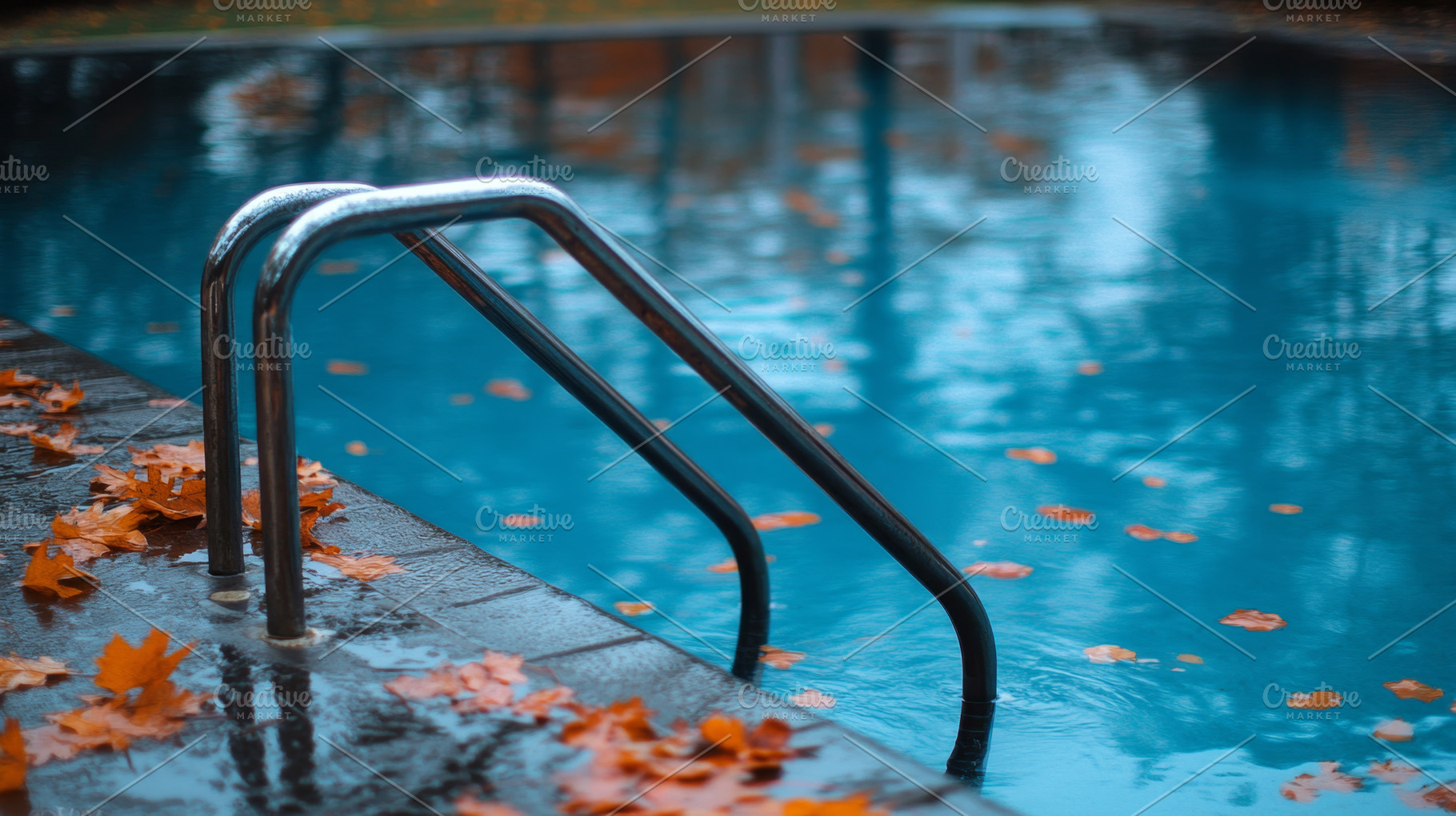 Snowy Poolside with Autumn Leaves, an Abstract Photo by Natalia Klenova's Shop