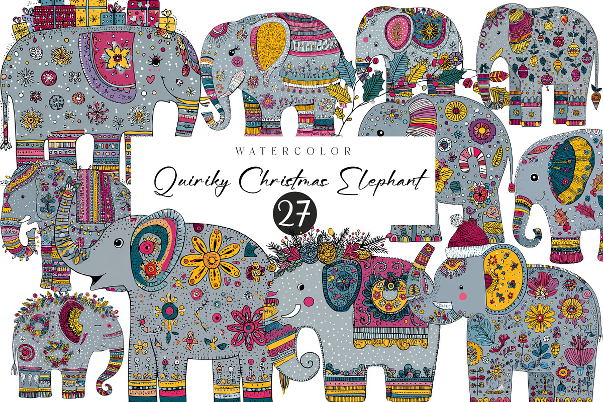 Quirky Christmas Elephant clipart, an Illustration by CreationArt (Photo 1 of 6)