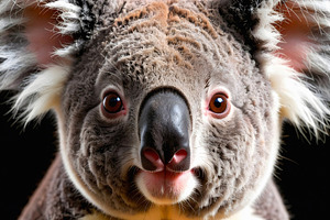 Fluffy portrait of a koala face with round eyes, an Animal Photo by GoodGoods