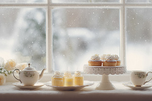 Cozy winter tea time with cupcakes on a windowsill, snow falling, a Photo by Studio ANNA