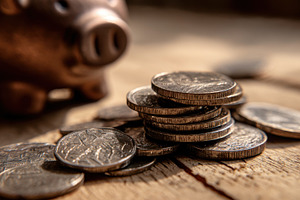 Coins stacked next to a piggy bank, a Photo by Beautiful things