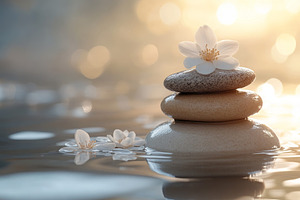 Serene stacked stones adorned with delicate white flowers reflect tranquility i, a Background Photo by ImageMir