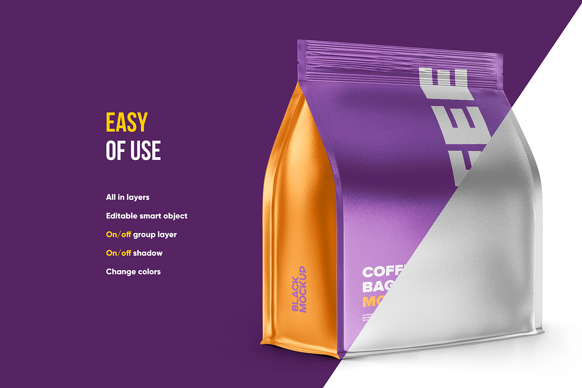 Coffee bag mockup. Metallic, a Packaging Mockup by BlackMockup (Photo 4 of 11)