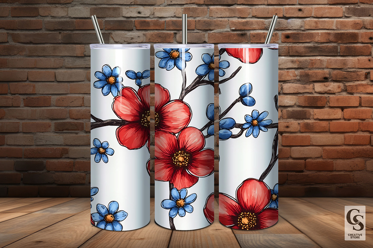 Red Blue Cute Cherry Blossoms Papers, a Pattern Graphic by Creative Store (Photo 5 of 5)