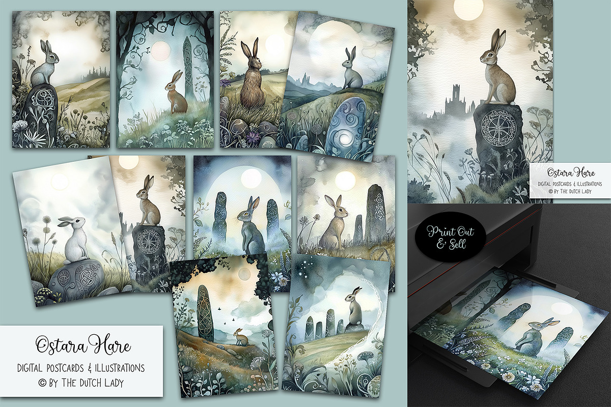 Ostara Hare Postcard Illustrations, a Seasonal Illustration by The Dutch Lady Designs (Photo 1 of 7)