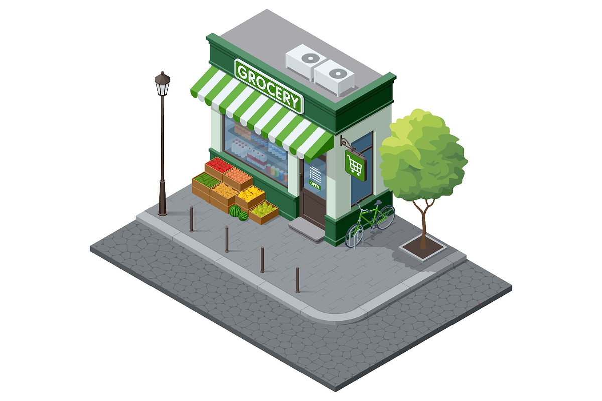 Isometric neighborhood grocery store, an Object Illustration by Golden Sikorka (Photo 3 of 3)