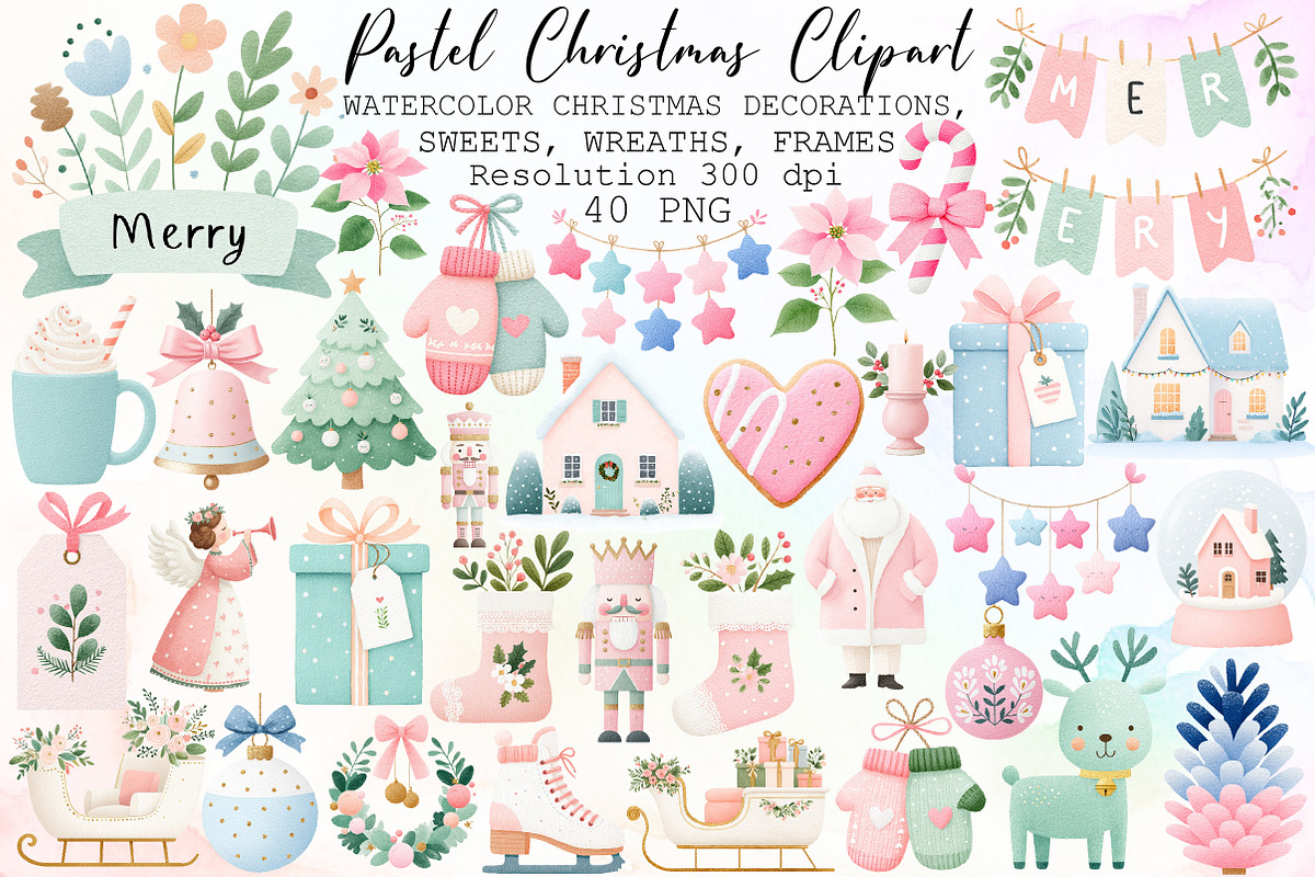 Vintage Pastel Christmas Clipart Set, an Illustration by Sublimation Artist (Photo 1 of 6)
