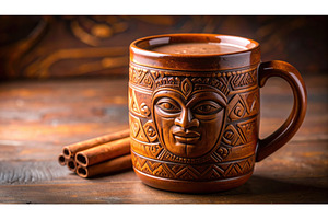 A detailed tribal-style mug with hot, a Food & Drink Photo by Igor Tichonow