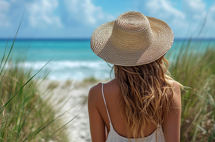 Woman enjoying a summer walk on the beach with soft waves and blue skies, a Person Photo by AlyaAnd