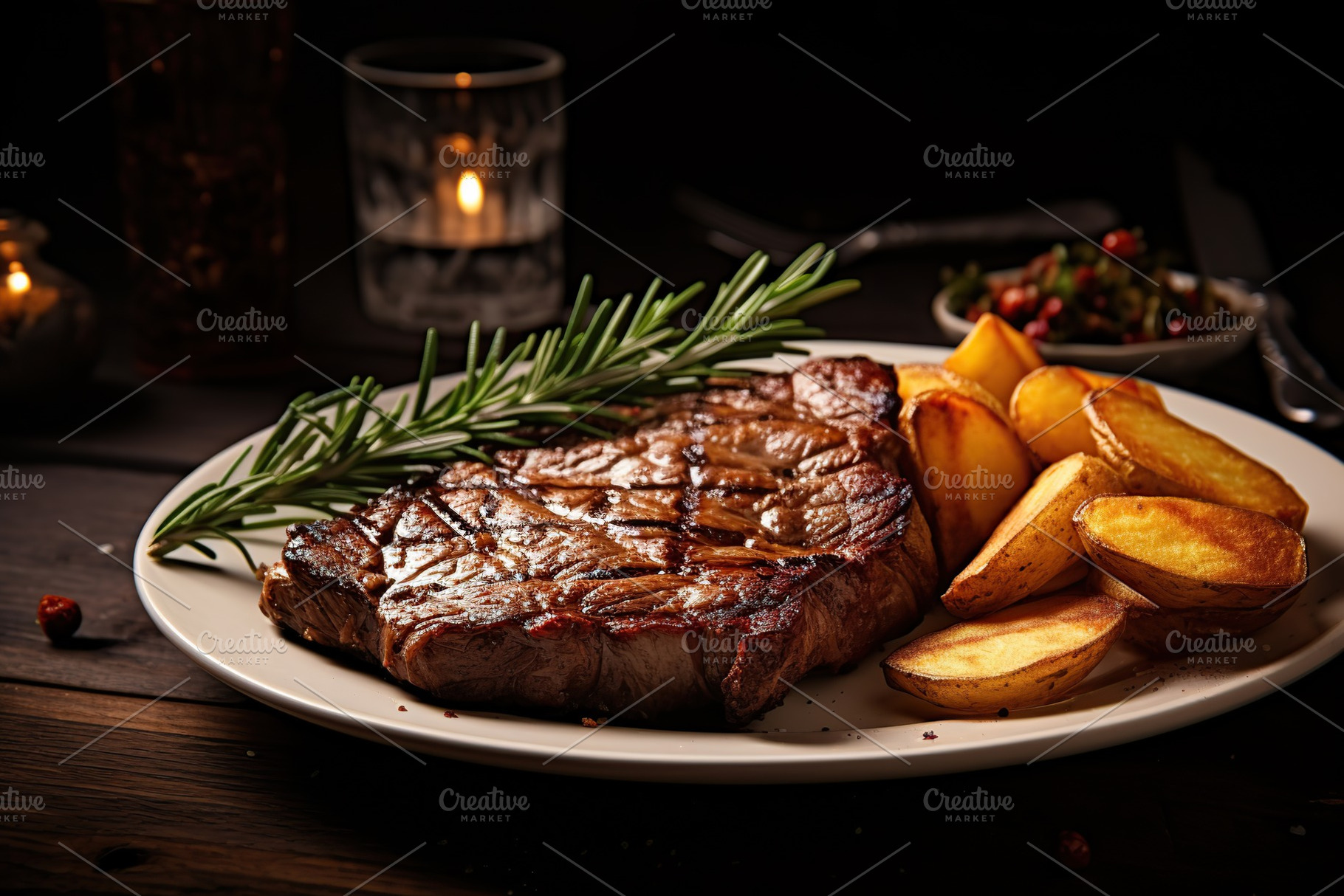 Grilled meat steak with fried potatoes and rosemary in plate on wooden backgrou, a Food & Drink Photo by AlyaAnd