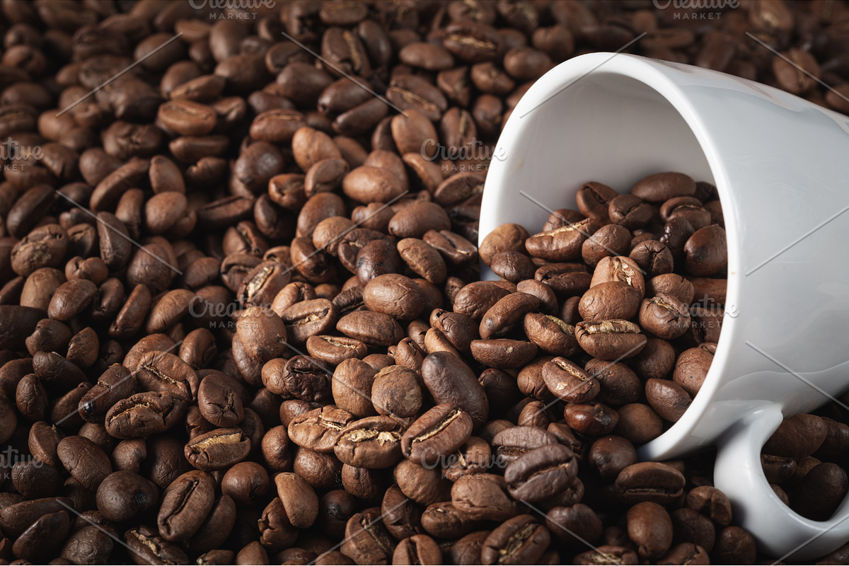 Coffee beans and white cup of coffee, a Food & Drink Photo by Print Haven Mochi Vintage (Photo 1 of 5)