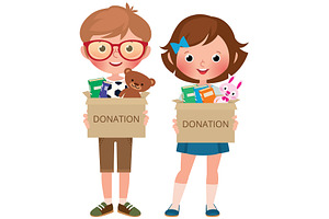 Boy and girl holding boxes of donate