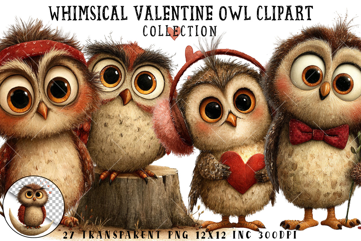Whimsical Valentine Owl Clipart, an Illustration by OK Design (Photo 1 of 6)