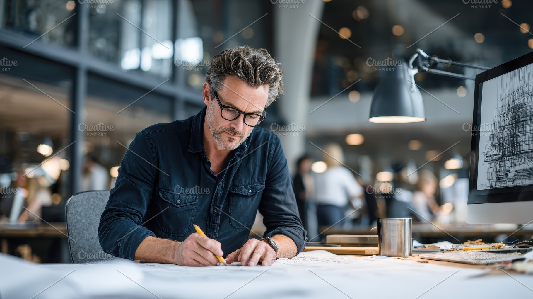 Architect Designing Blueprint Modern, a Photo by Pixeness Studio