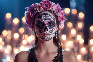 Celebrating tradition with vibrant face paint and flowers for a cultural event, a Person Photo by AlyaAnd