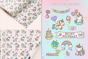 Unicorn Birthday Stickers & Patterns