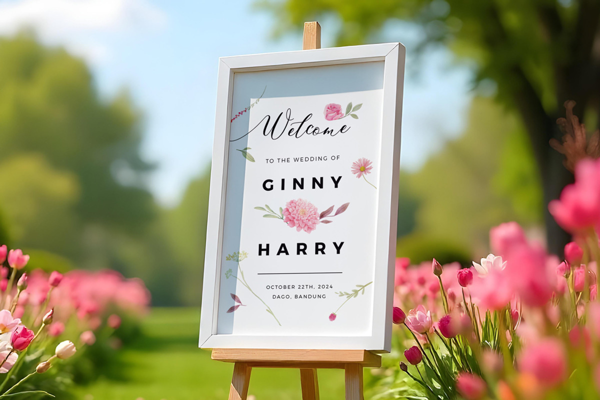 Pink Flowers Wedding Sign, a Stationery Template by Aarley Kaiven (Photo 2 of 3)