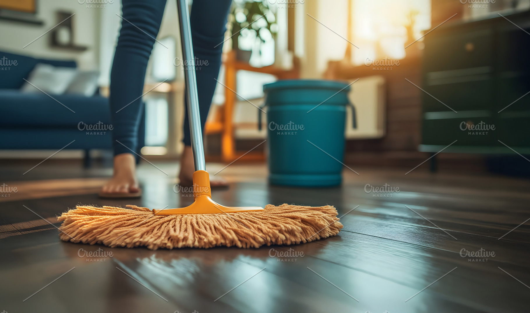 Woman mopping, wiping floor in home setting. Housewife uses mop, plastic bucket, a Business Photo by Lenor4ik