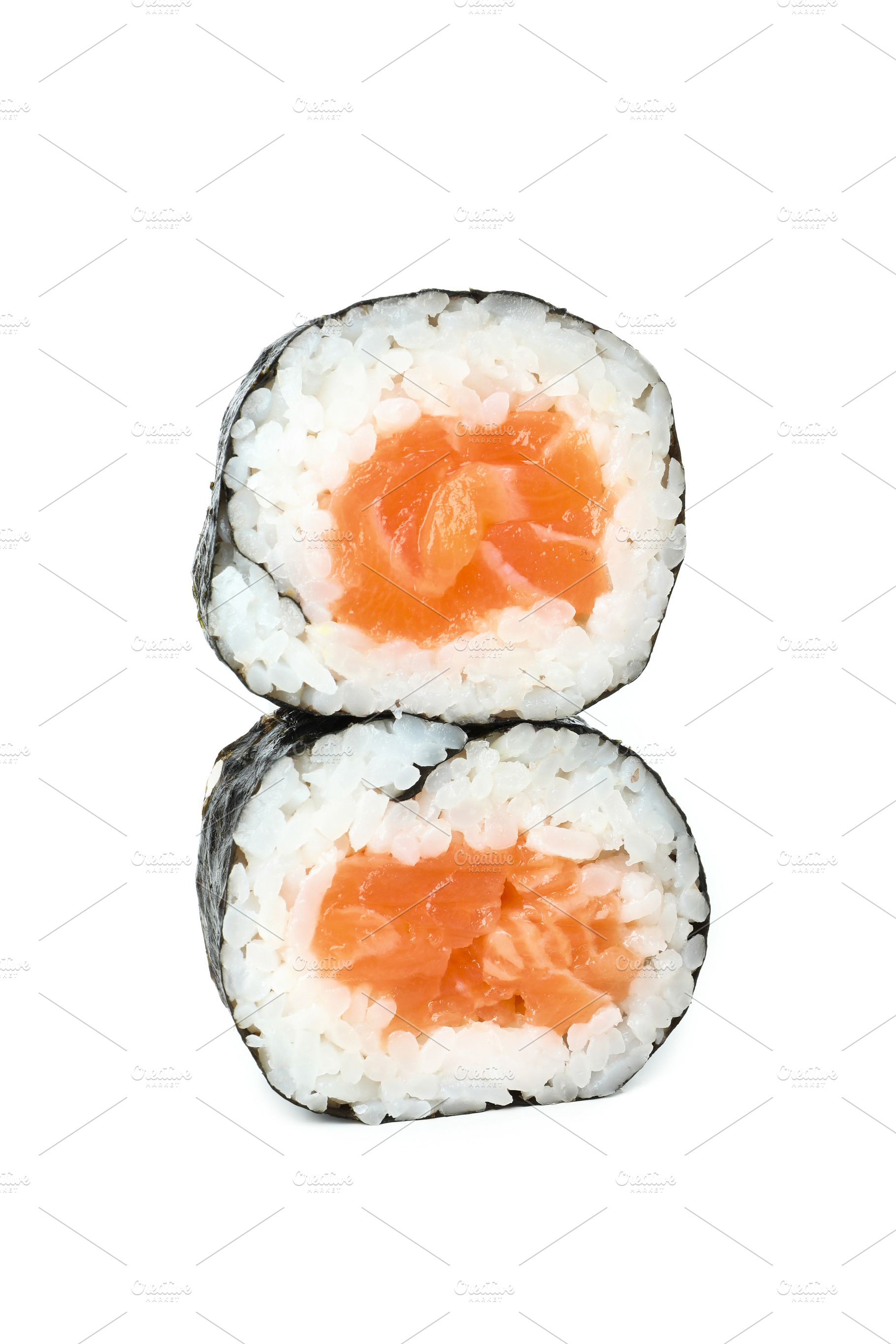 Two maki isolated on white background, close up, a Food & Drink Photo by AtlasStudio PRO