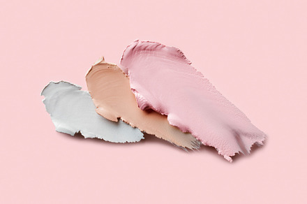 Samples of color correcting concealers Set on pink background. Swatch smears of, a Beauty & Fashion Photo by colnihko