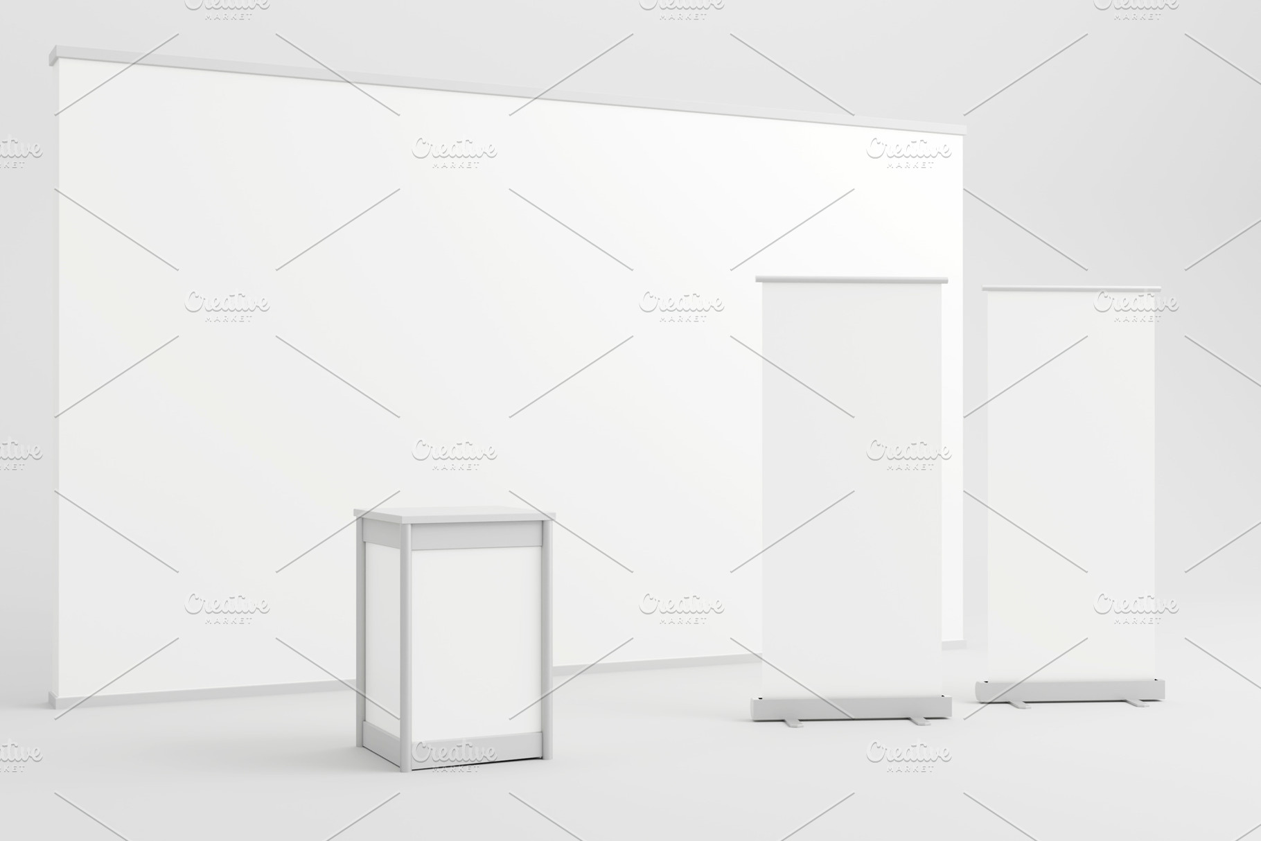 White backdrop with display counter and two blank roll-up banners., a Background Photo by RF Images