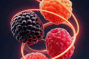 Mixed berries floating in vibrant motion with glowing rings on a dark backgroun, a Food & Drink Photo by AlyaAnd