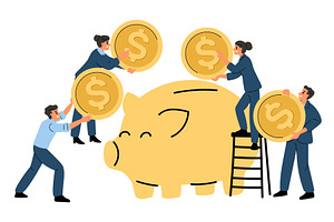 Businessmen and women put gold coins, a Finance Illustration by Vectorbuum