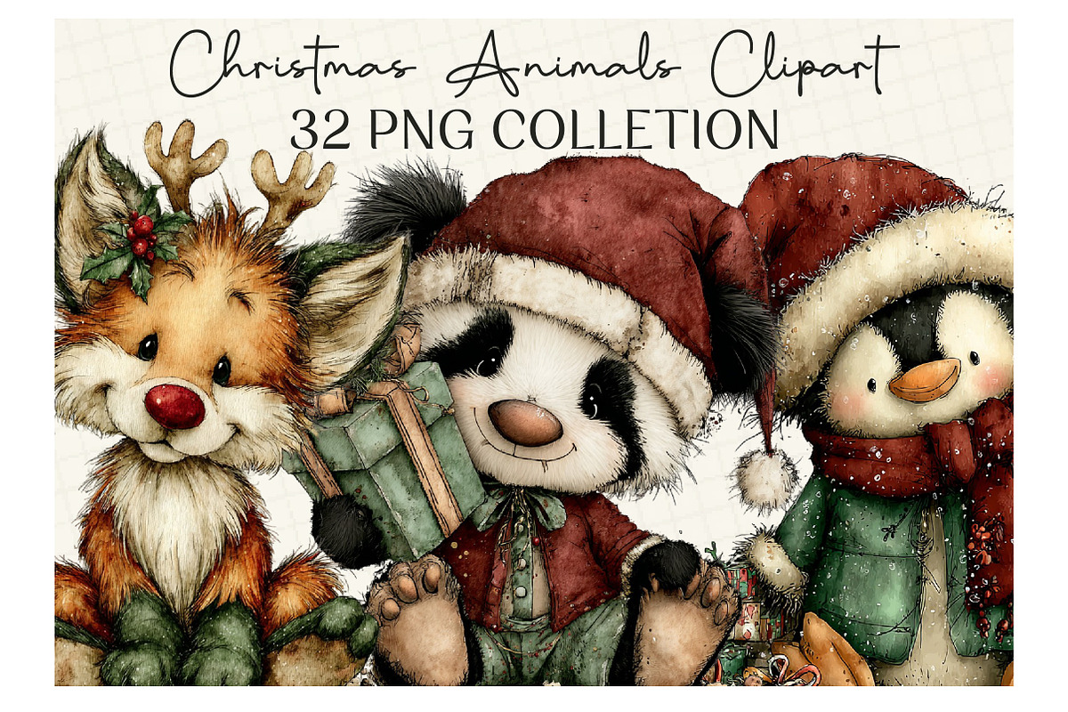 Whimsical Christmas Animals Clipart, an Illustration by DreamCafeArt (Photo 1 of 6)