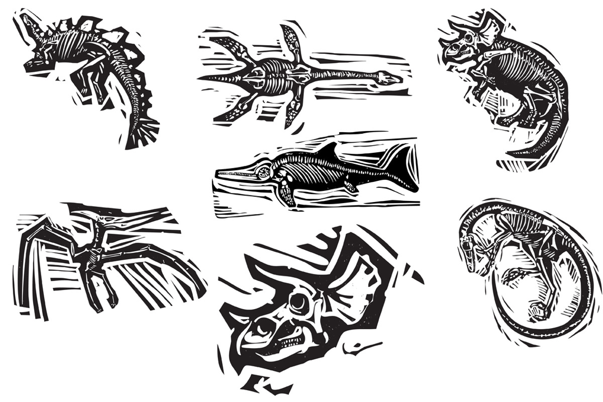 Woodcut Dinosaur Fossils, an Education Illustration by Xochicalco's Ruin