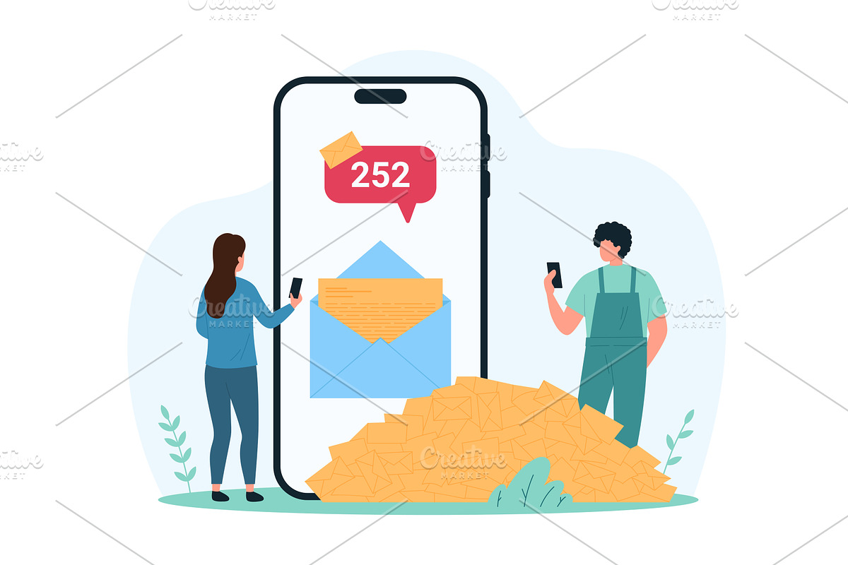 Email spam & SMS overload heap scam, an Object Illustration by Flashvector