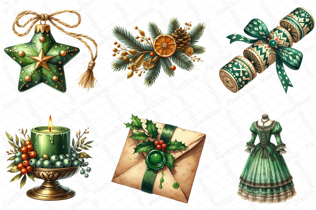 Vintage Green Christmas Clipart PNG, an Illustration by DreamPrint404 (Photo 3 of 4)