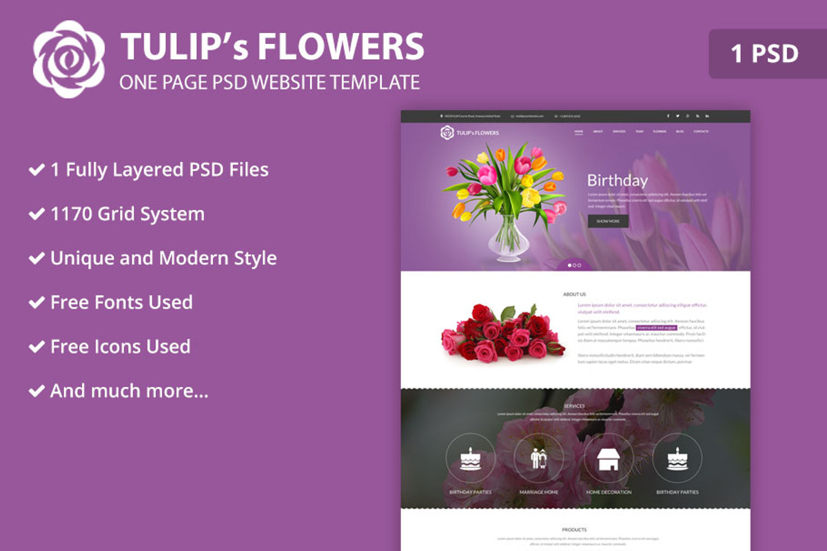 One Page Flower PSD Website Template, a Landing Page Template by WebbyTemplates (Photo 1 of 2)