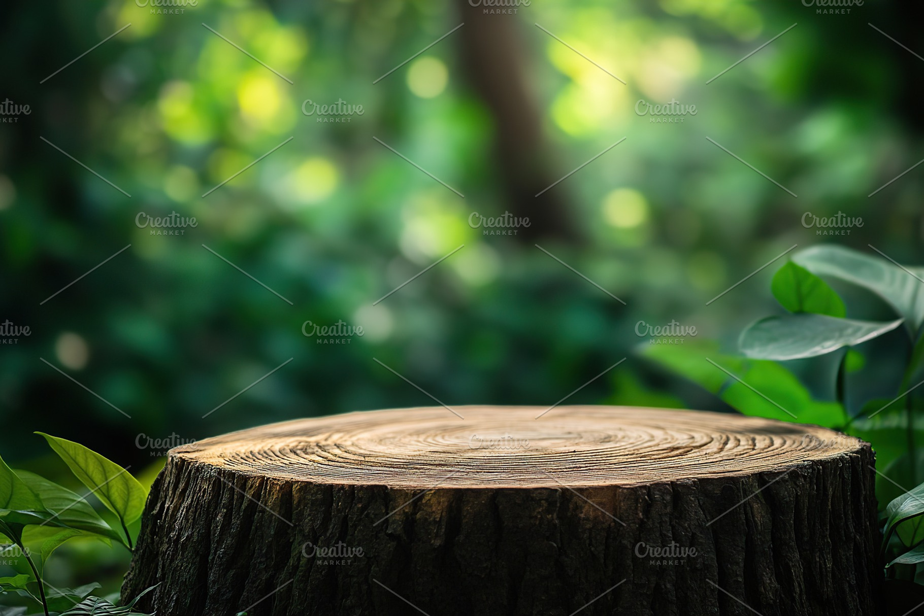Natural trunk podium for product display surrounded by lush green vegetation in, a Background Photo by AlyaAnd