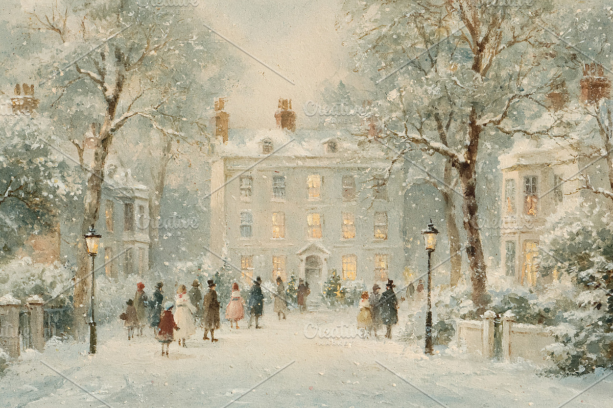 Victorian holiday scene with people gathering in snowy street, c, a Decorative Illustration by Studio ANNA