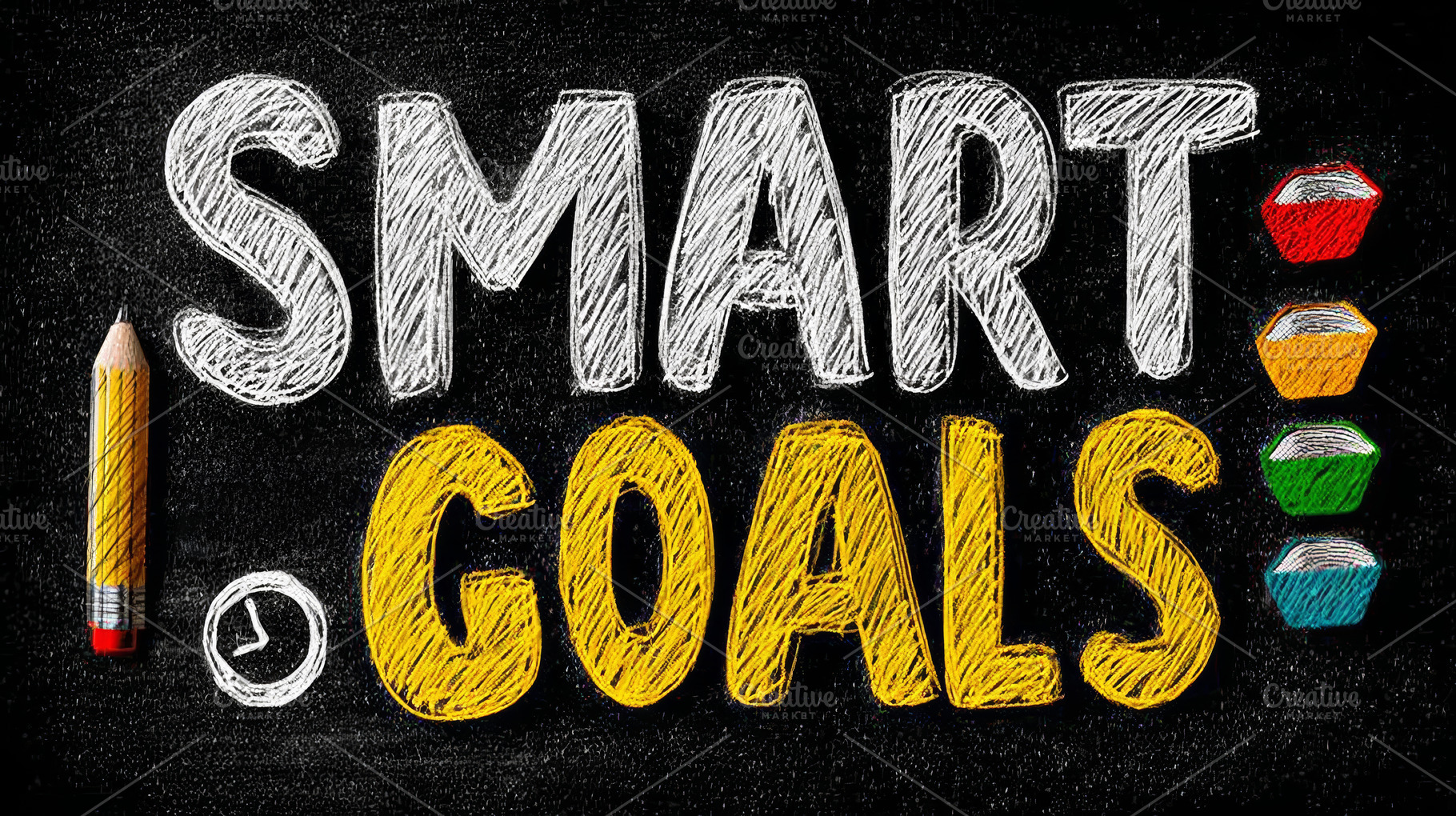 Smart goals concept chalk lettering on blackboard with pencil and colorful chec, a Photo by AS photostudio