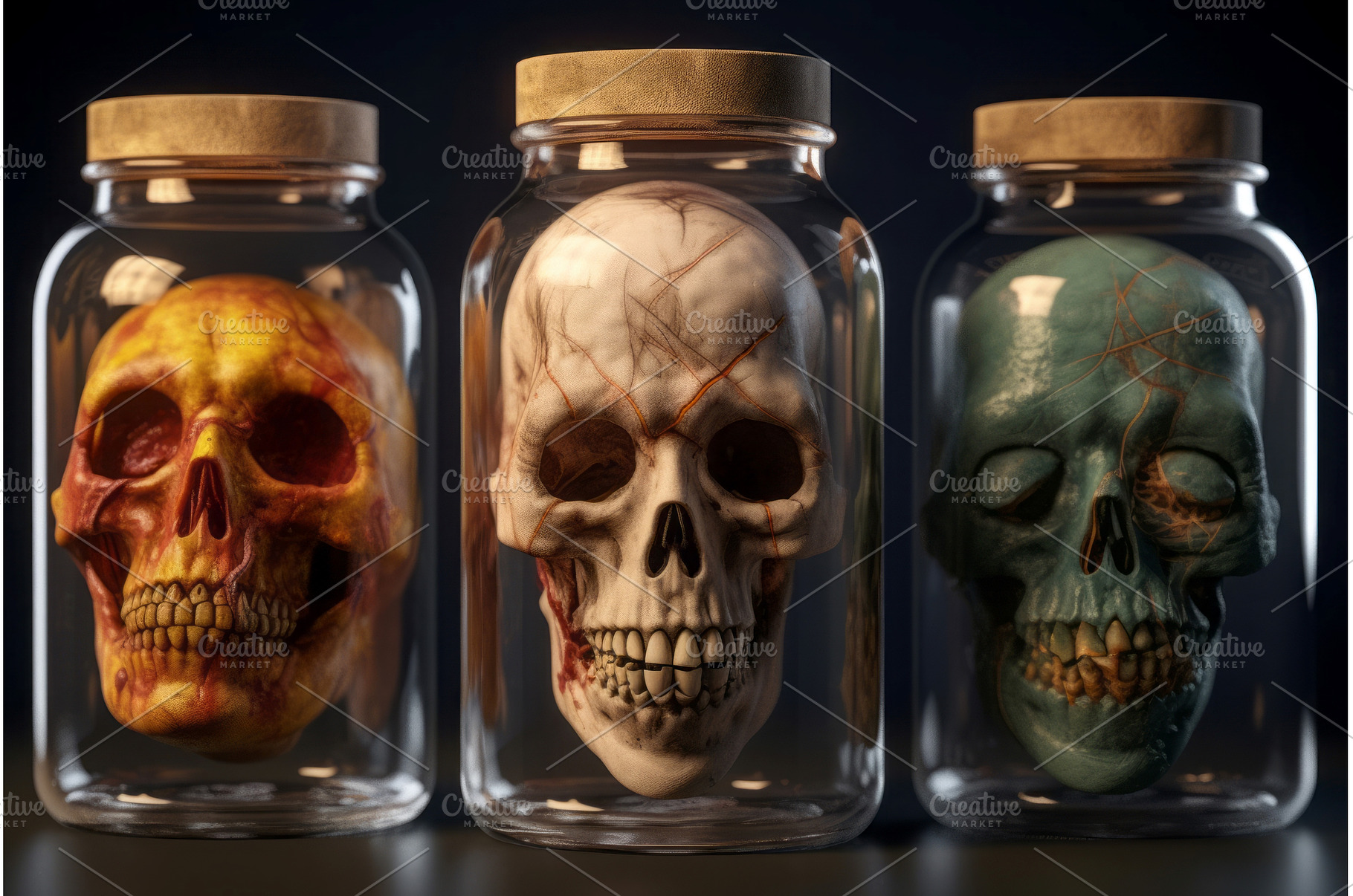 Monster creepy heads in glass jars, a Food & Drink Photo by Ylivdesign