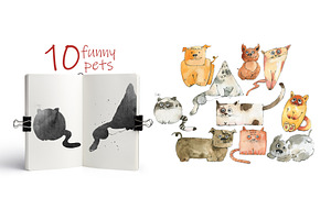 Cats And Dogs. Watercolor.