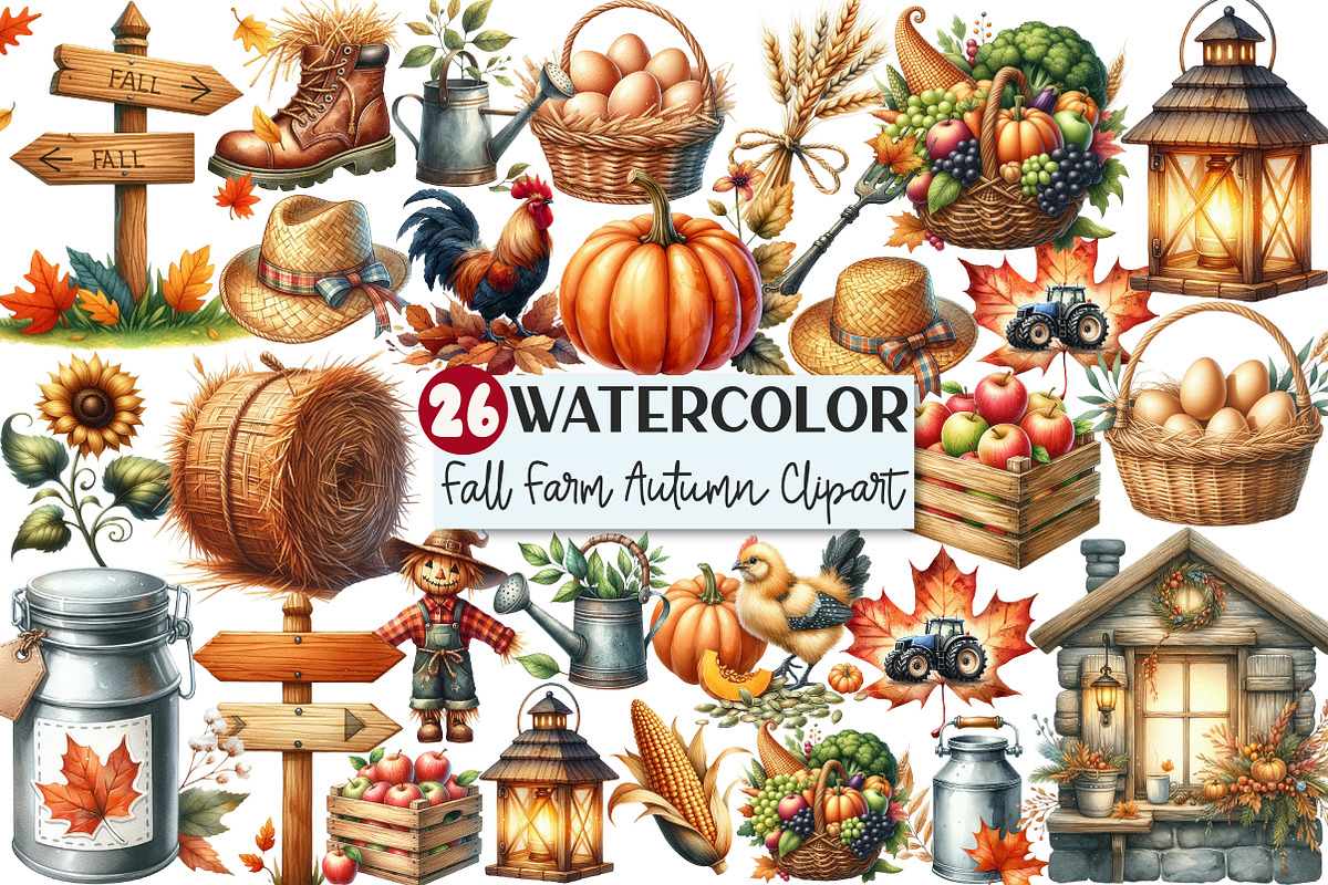 Fall Farm Autumn Watercolor Clipart, an Illustration by Rose Art (Photo 1 of 9)