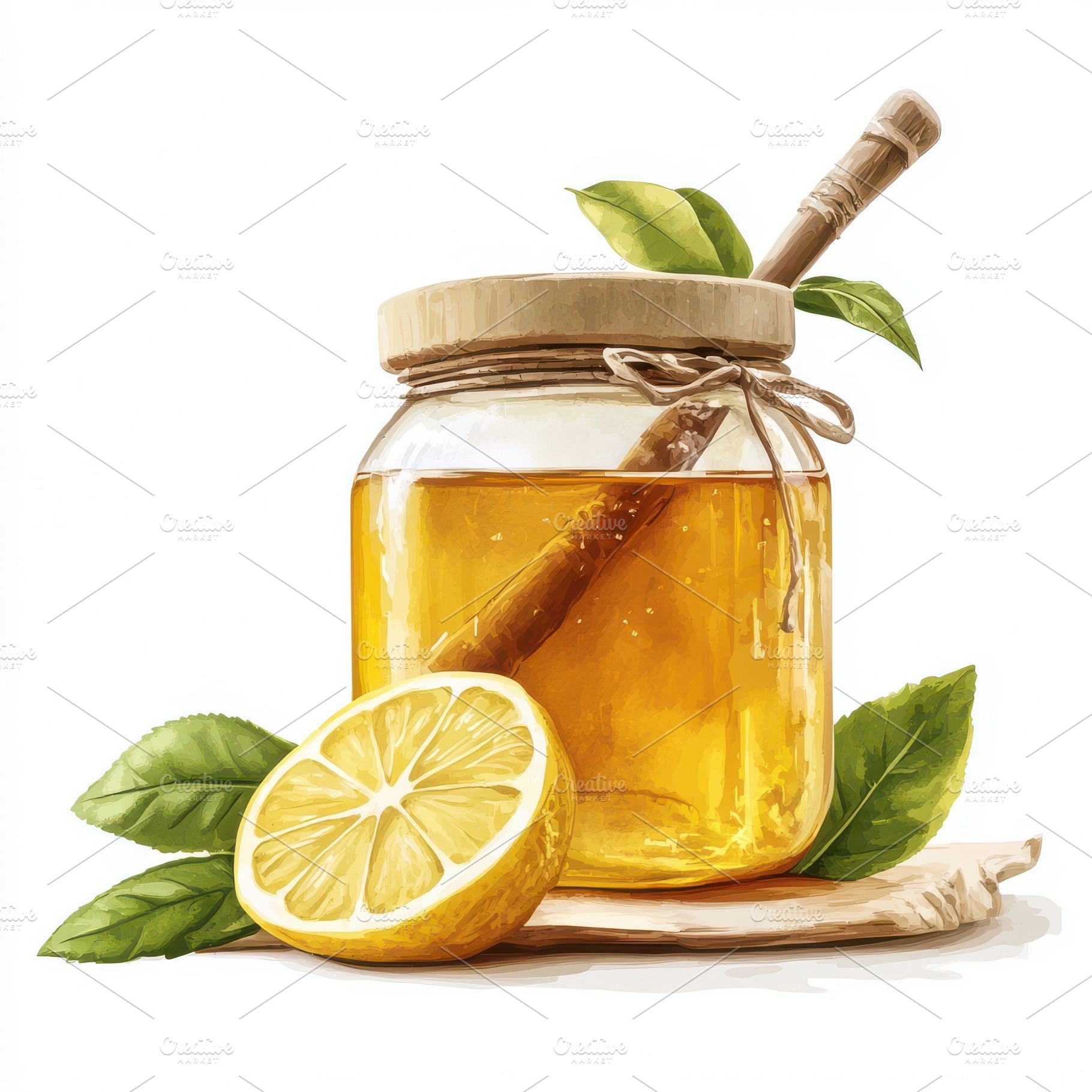 Wooden stick and Honey jar with lemo, a Food & Drink Photo by Pixeness Studio