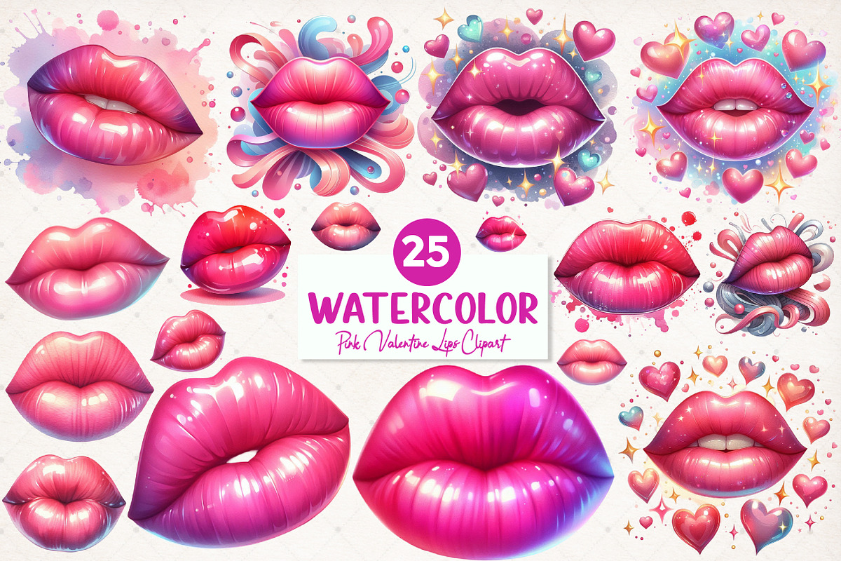 Watercolor Pink Valentine Lips Png, an Illustration by SinaCreation (Photo 1 of 5)