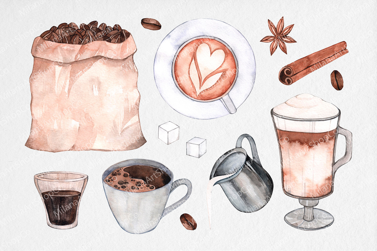 Watercolor Coffee Clipart, an Illustration by MilanaDesignShop (Photo 2 of 4)