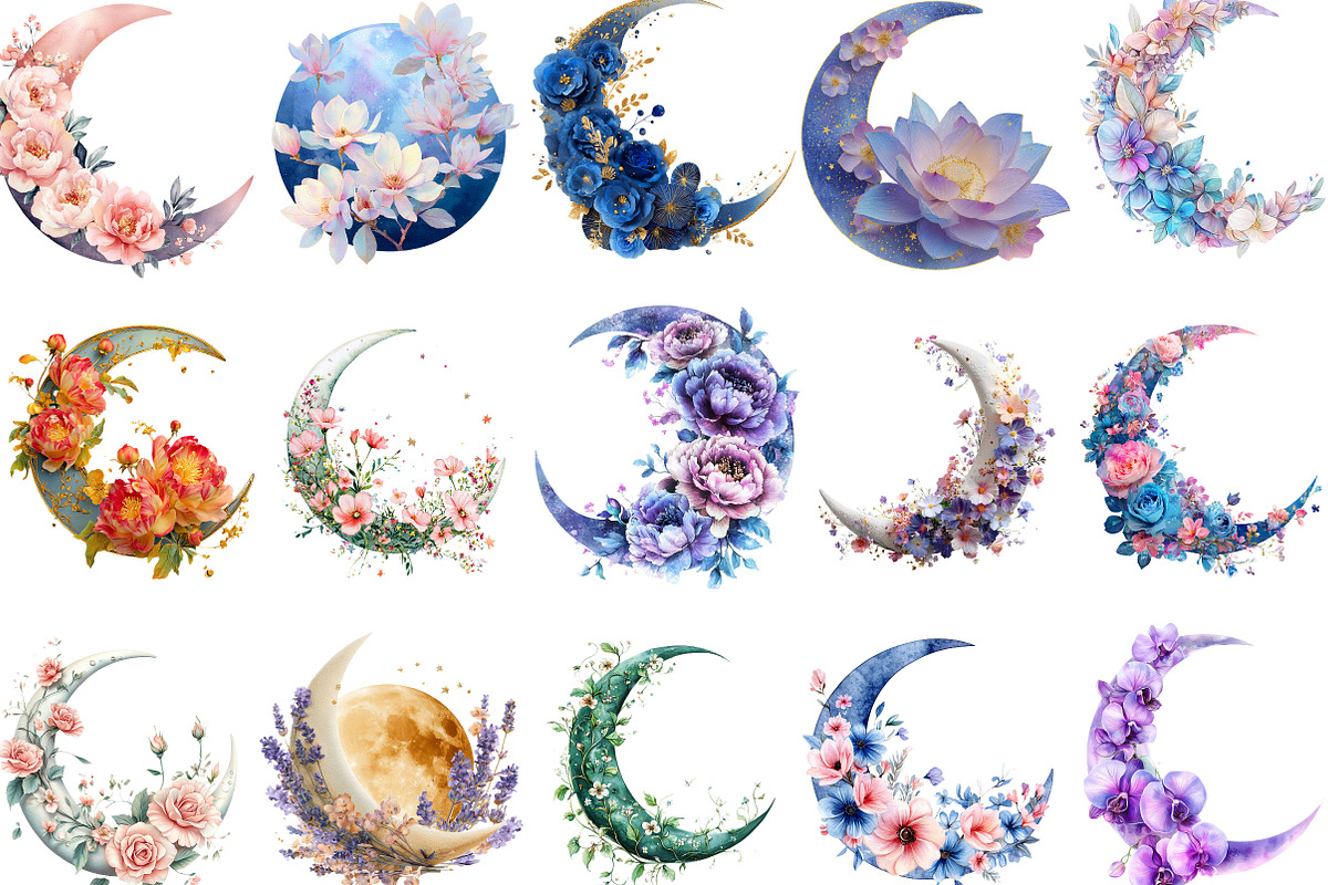 Watercolor Floral Moon Clipart Bundl, an Illustration by designcity5 (Photo 2 of 5)