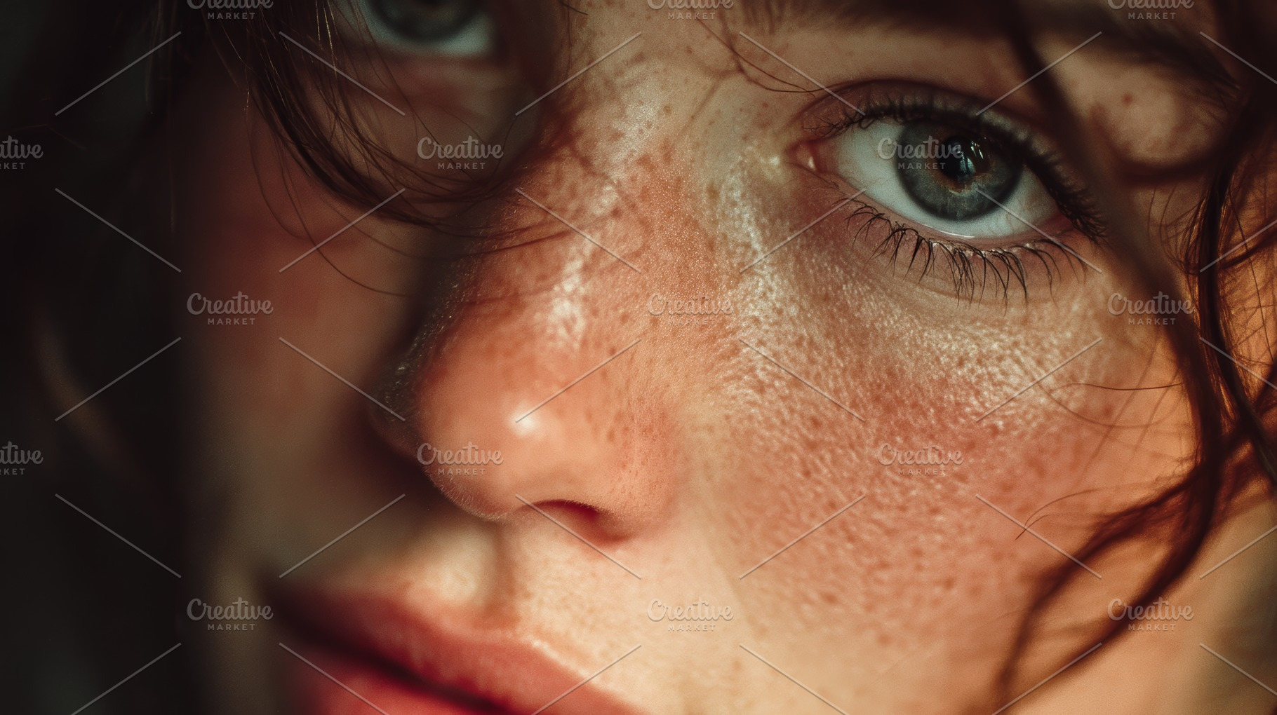 Close-up portrait of a blue-eyed person with natural freckles and lighting, a Photo by AS photostudio