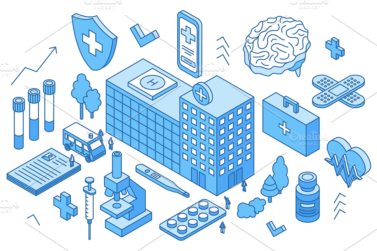 Isometric medical concept. Hospital, a Healthcare Illustration by Valerie Bodnar