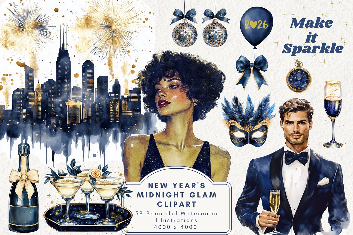 New Year's Midnight Glam Clipart, an Illustration by NadiaTheronArt (Photo 1 of 5)