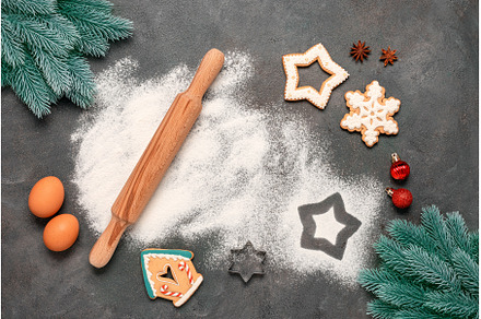 Christmas baking background. Flour, a Holiday Photo by Yulia71